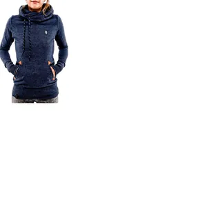 Women's fashionable dark blue cowl neck hoodie with long sleeves and kangaroo pockets