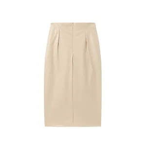 Elegant beige high waist PU leather midi skirt with pleated details and back slit.