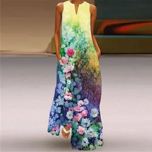 Detailed view of sleeveless floral maxi dress with vintage flower print and V-neck design.