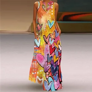 Detail view of the vibrant graffiti heart print on this sleeveless V-neck maxi dress.