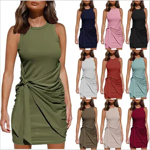 Color variety overview for sleeveless crew neck ruched dress with waist tie detail