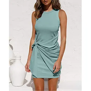 Elegant sleeveless round neck ruched dress featuring a tie waist and irregular hemline