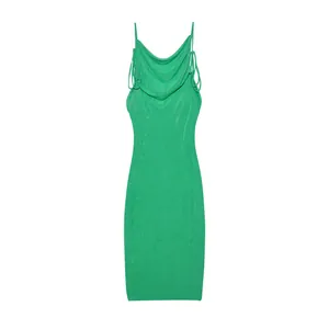Elegant green cowl neck backless bodycon knit midi dress detail view for summer fashion