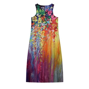 Sleeveless maxi dress featuring vibrant oil painting style floral abstract print design