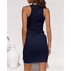 Rear view of a navy blue sleeveless ribbed bodycon mini dress on a model outdoors