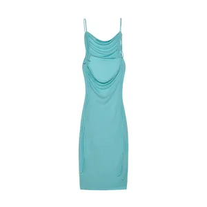 Detailed front view of a stylish turquoise cowl neck backless dress with side tie-up details