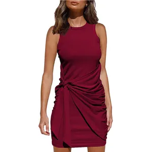 Close-up detail of sleeveless burgundy ruched dress with elegant front waist tie knot