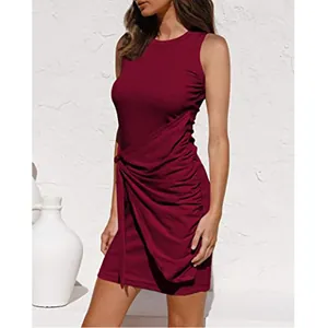 Close-up of elegant ruched detail and tie-waist on sleeveless burgundy irregular dress.