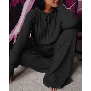 Detail view of women's loose hooded dark grey ribbed knit two-piece casual lounge set