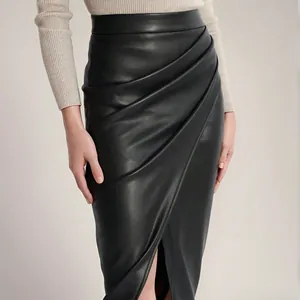 Women High Waist PU Leather Ruched Mini Skirt Sexy Front Slit Bodycon Pencil Skirt Urban Fashion Commuting Style Bottom