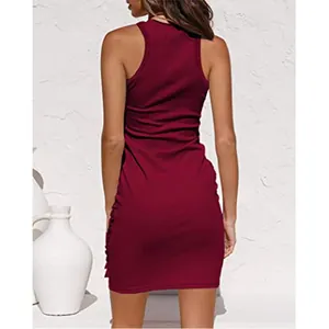 Back view of wine red sleeveless crew neck ribbed bodycon dress with side ruching