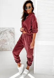 Primo piano di una tuta in velluto malva con felpa con cappuccio e pantaloni coordinati.