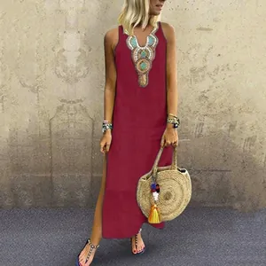 Boho μπορντό αμάνικο βαμβακερό λινό μάξι φόρεμα με λαιμόκοψη V και πλαϊνά σκισίματα