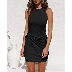 Detailed view of black sleeveless round neck dress with ruched side knot detail.