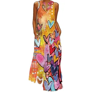 Elegant sleeveless V-neck maxi dress with vibrant colorful heart pattern print for women