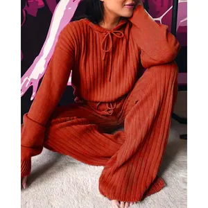 Two-piece ribbed knit lounge set with hooded sweater and wide leg pants in orange