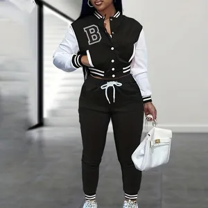 Tuta Sportiva da Donna Casual Con Stampa di Lettere Colorblock Giacca da Baseball e Joggers Ispessiti Parte Superiore e Parte Inferiore