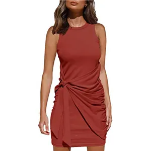 Elegant sleeveless crew neck mini dress with side ruching and a stylish waist tie detail
