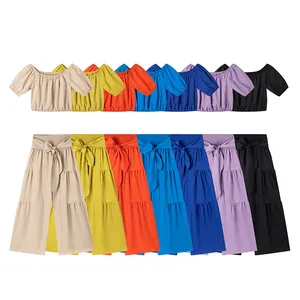 Ensemble d'été 2 pièces avec haut court et pantalon large décliné en sept coloris unis