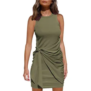 Sleeveless crew neck olive green ruched mini dress with side tie waist detail.