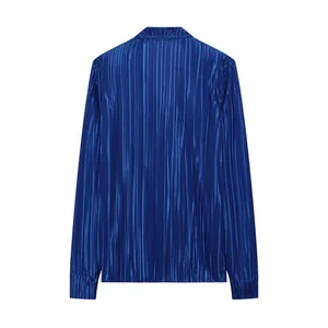 Detailed back view of a vibrant electric blue pleated long-sleeve shirt for women