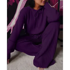 Cozy purple ribbed long-sleeve hoodie and wide-leg trousers lounge set for women.