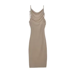 Elegant beige cowl neck bodycon midi dress featuring thin spaghetti straps for summer