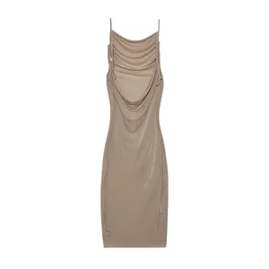 Elegant beige backless bodycon dress with cowl neck and adjustable straps for summer.