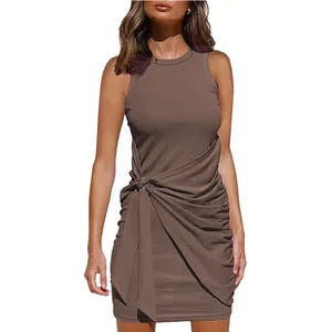 Full view of the brown sleeveless ruched mini dress with a stylish waist knotting