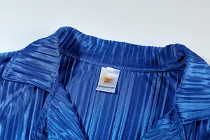 Close-up detail of vibrant royal blue pleated fabric texture and collar with label