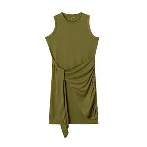 Close-up of olive green sleeveless mini dress with side knot and ruched detail