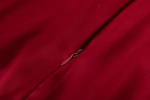 Λεπτομερής όψη μπορντό σατέν φούστας με αόρατο φερμουάρ και υφή του υφάσματος