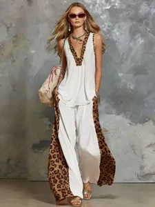 Stylish two-piece summer set featuring leopard print spliced tank top and pants.