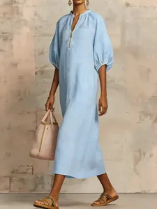 Light blue cotton linen puff sleeve dress for women featuring a loose casual fit