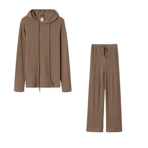 Detailed look at the brown ribbed fabric two-piece leisure set with hoodie and wide pants