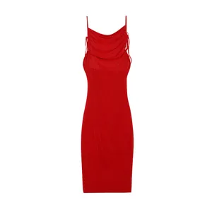Detail view of an elegant red backless slim-fit midi dress with drawstring straps.