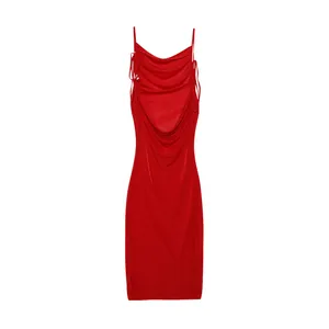 Detailed view of a vibrant red cowl neck backless bodycon dress with spaghetti straps