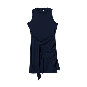 Navy blue sleeveless dress with round neck, tie waist and asymmetrical pleated hem