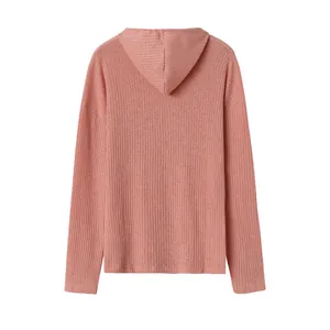 Detailed back view of pink ribbed knit long sleeve hooded sweatshirt for women's wear