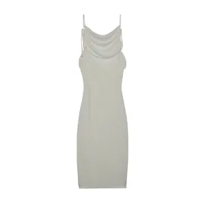 Elegant white cowl neck backless spaghetti strap midi dress for summer party fashion