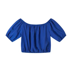 Crop top bleu royal à épaules dénudées avec manches bouffantes élastiquées été