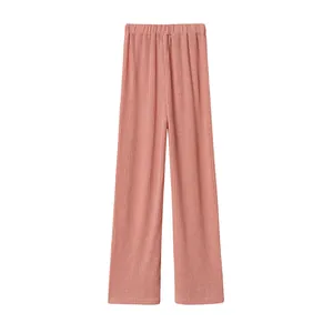 Casual high-waisted pink ribbed wide-leg pants for women with comfortable elastic waistband.