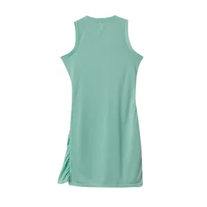 Detailed back view of a mint green sleeveless round neck dress with side ruffle design