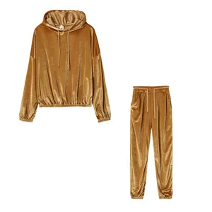 Set tuta in velluto dorato due pezzi con felpa con cappuccio e pantaloni da jogging