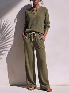 Women's olive green waffle knit two-piece lounge set with drawstring pants