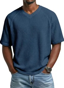 Stylish blue waffle knit V-neck t-shirt for men featuring comfortable raglan sleeves.