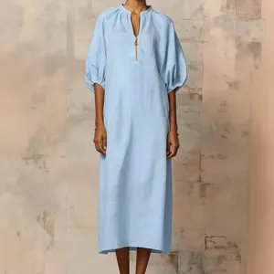 Elegant women's light blue cotton linen loose casual midi dress with stylish bubble sleeves