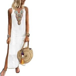Boho αμάνικο μάξι φόρεμα από βαμβάκι και λινό με λαιμόκοψη V και σκίσιμο