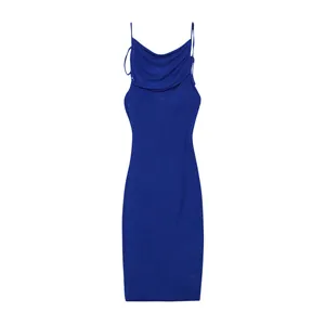 Front view of a sexy blue cowl neck bodycon midi dress with thin straps