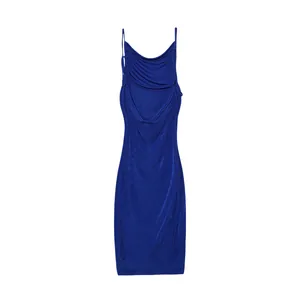 Back view of a sexy royal blue backless cowl neck bodycon dress with thin shoulder straps
